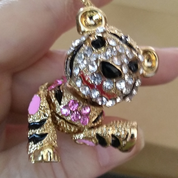 Pink and White Crystal Tiger Pendant Necklace - Picture 3 of 4